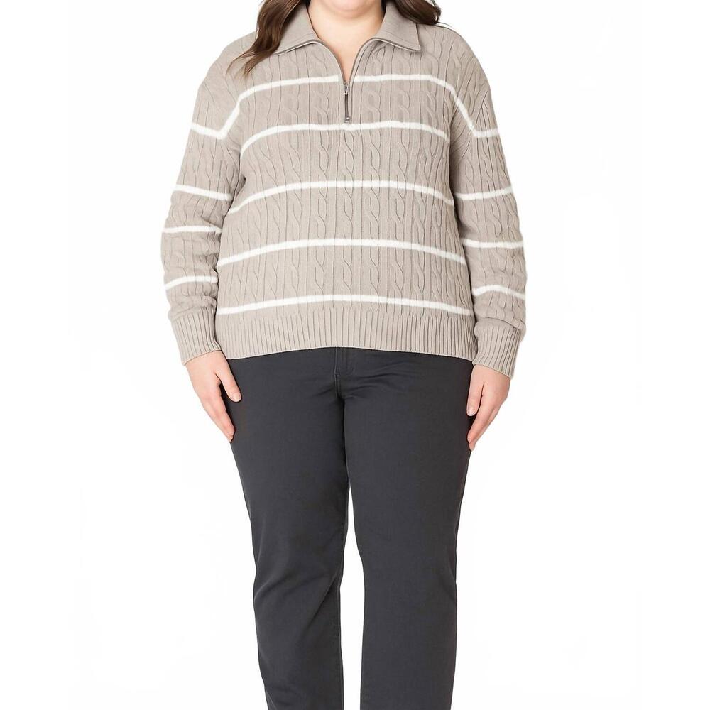 NEW DEX half zip cable sweater - plus in taupe/white